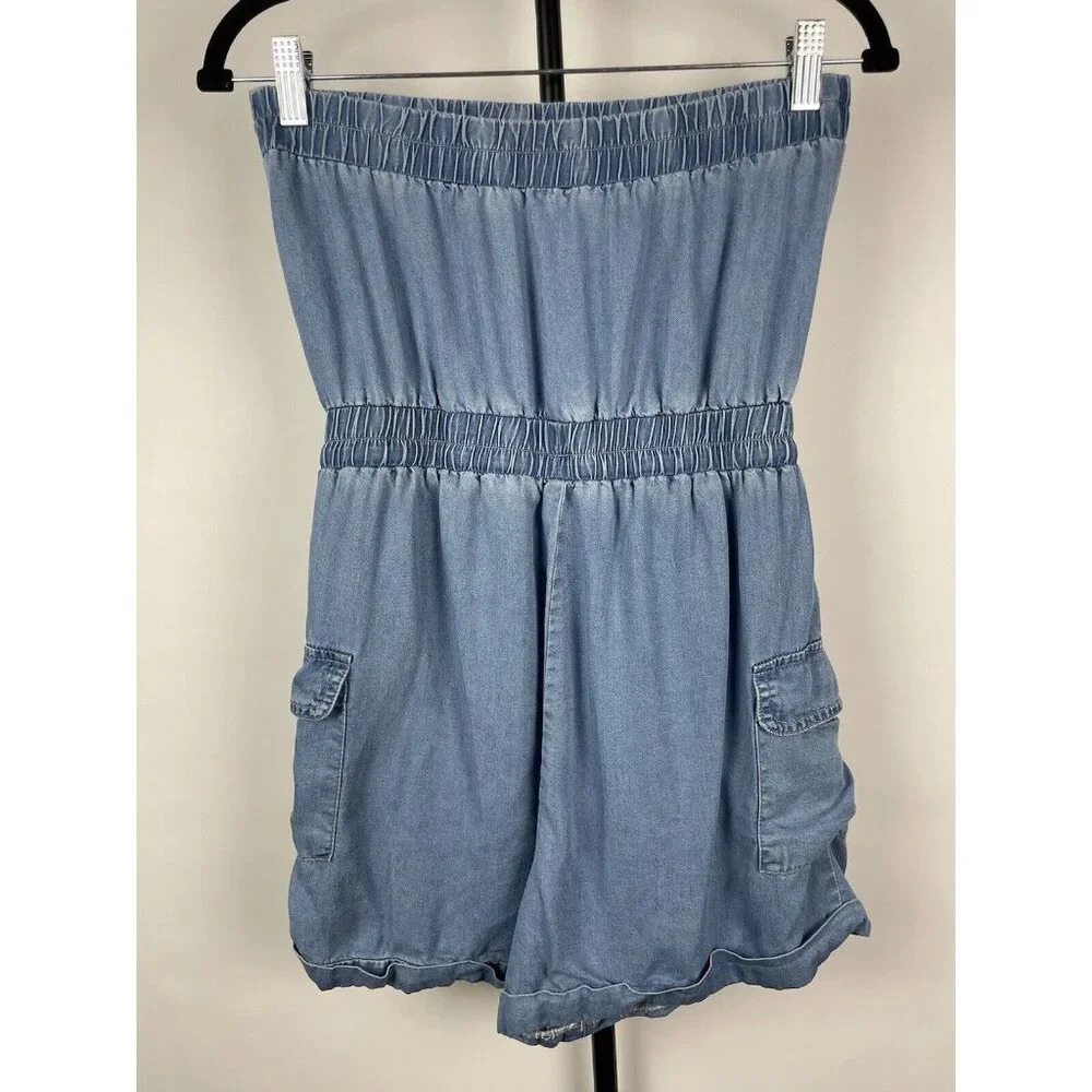 Le Lis Blue Chambray 100% Tencel Strapless Cargo Romper Size S‎ - Picture 3 of 7